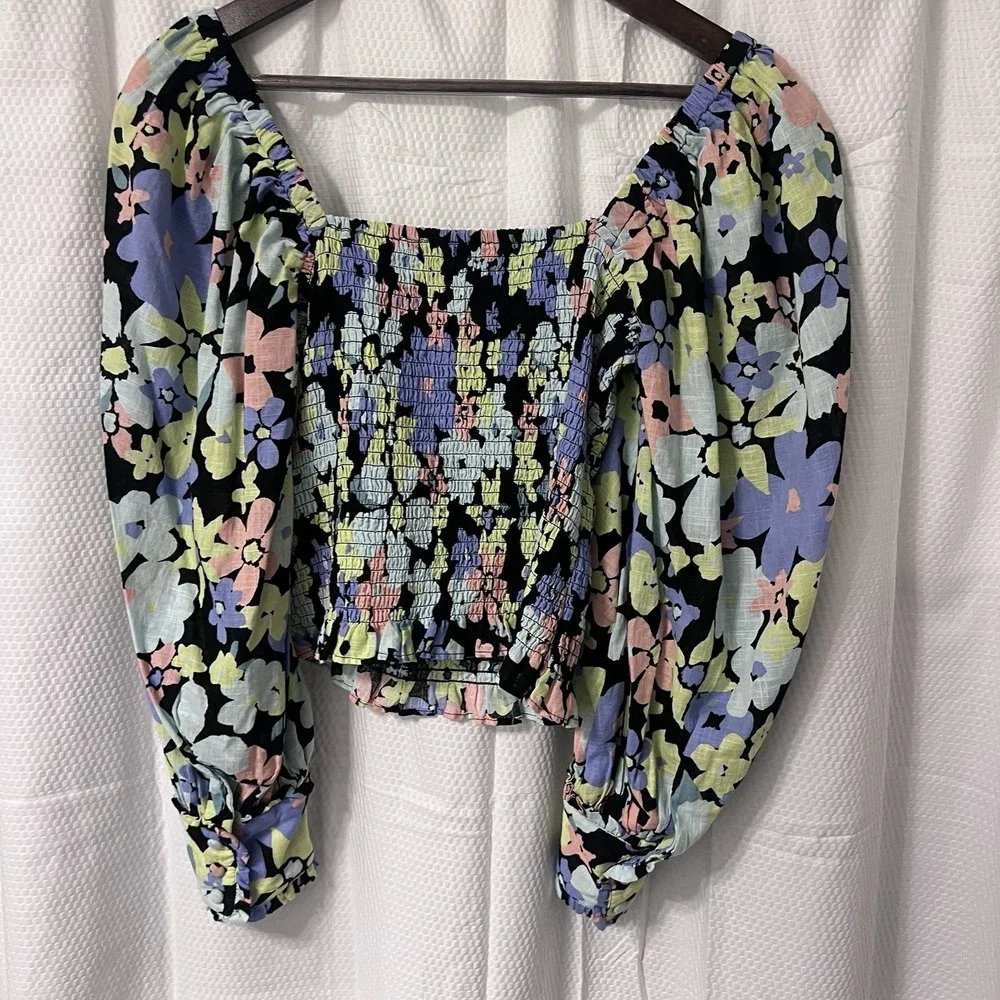 NWT Free People Black‎ Ariana Floral Smocked Puff Sleeve Top Cotton - Size XS